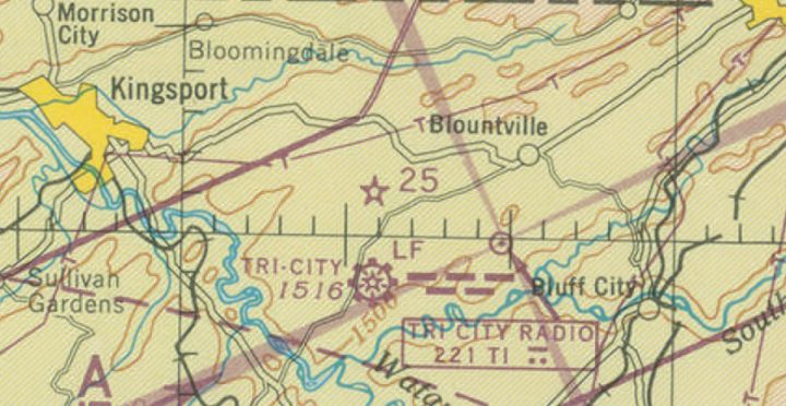 A portion of the 1945 Winston-Salem sectional chart showing the location of Beacon 25 north of the Tri-city airport.