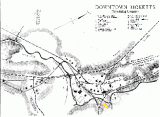 Map of downtown Ricketts with the bridge abutment indicated.