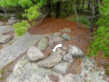 Eyelevel view of the bolt in bedrock, surrounded by rocks
