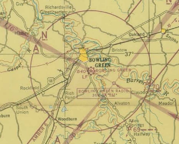A portion of the 1945 Nashville sectional chart showing Beacon 70 and the Bowling Green radio range.